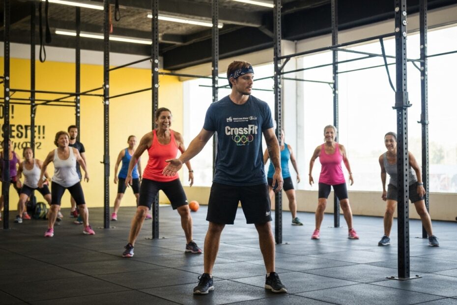 Adultos mais velhos praticando CrossFit com instrutor
