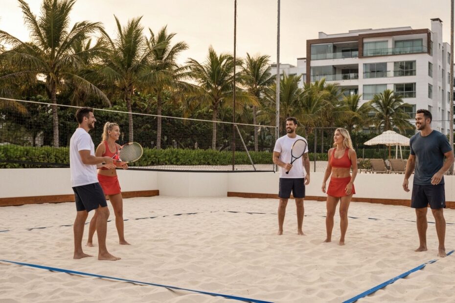Moradores jogando beach tennis em condomínio de alto padrão com paisagismo e arquitetura moderna ao fundo.