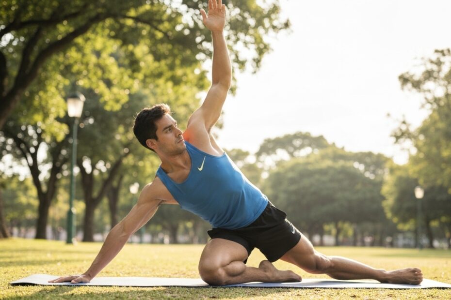 Atleta de corrida praticando yoga para melhorar flexibilidade e força.