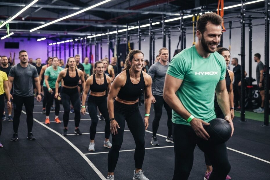 Atletas participando de uma competição Hyrox com corrida e exercícios funcionais.