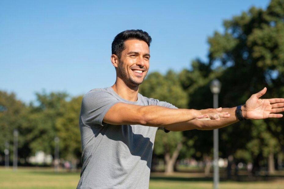Homem com mais de 40 anos fazendo alongamento leve após treino