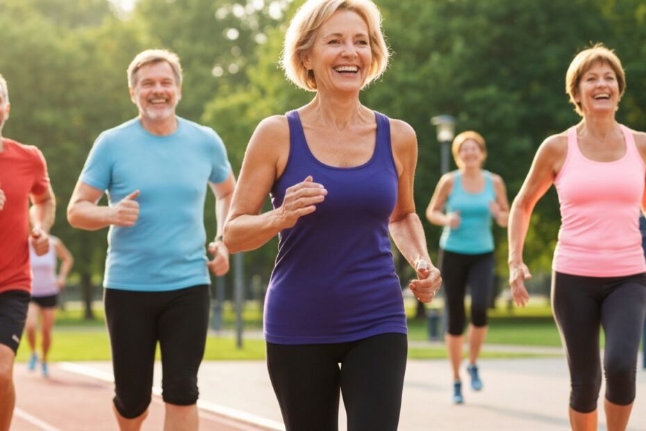 Um grupo diversificado de adultos com mais de 40 anos, sorrindo e praticando exercícios cardiovasculares ao ar livre, simbolizando os benefícios dos melhores treinos cardiovasculares para mais de 40, como força do coração e resistência.