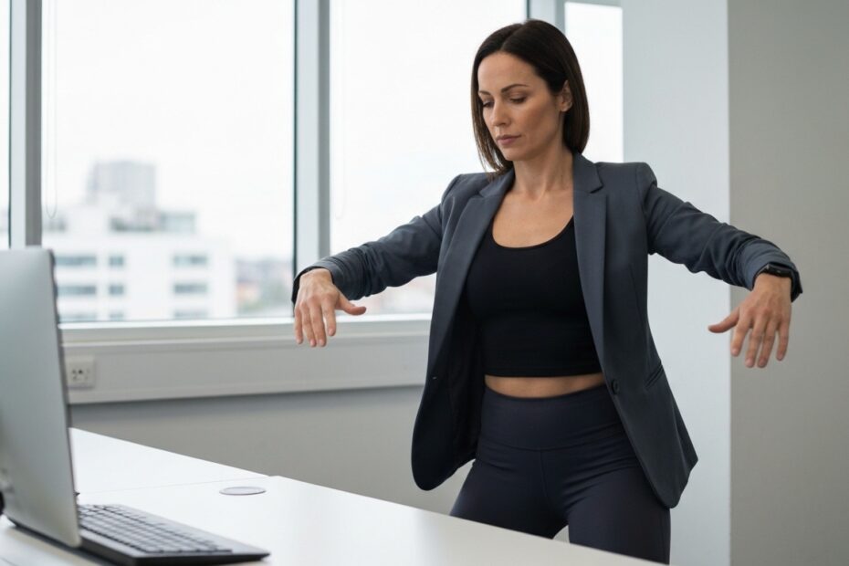 Mulher fazendo microdose de exercício de agachamento no escritório