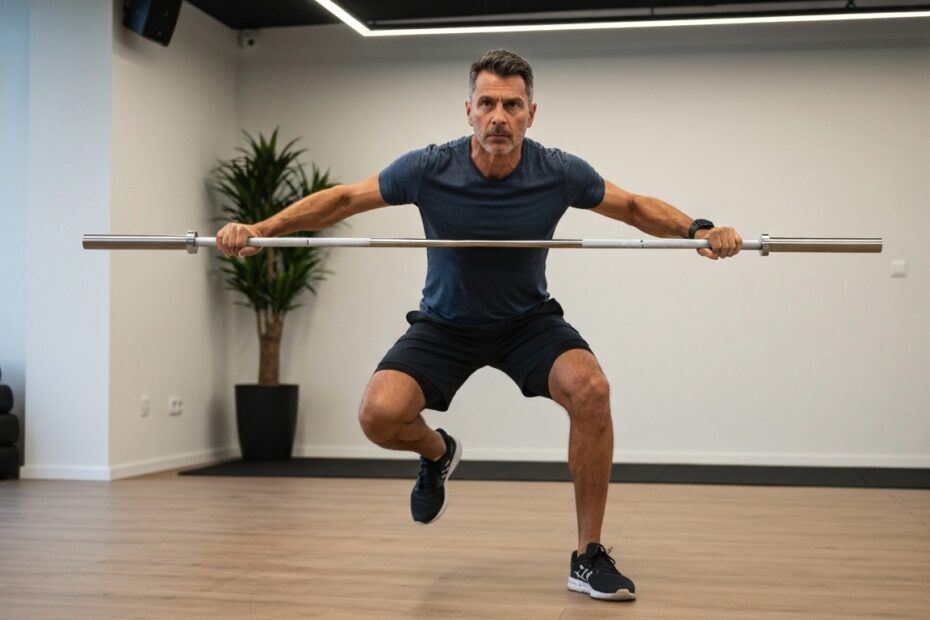 Homem com 40 anos fazendo agachamento para ganhar massa muscular