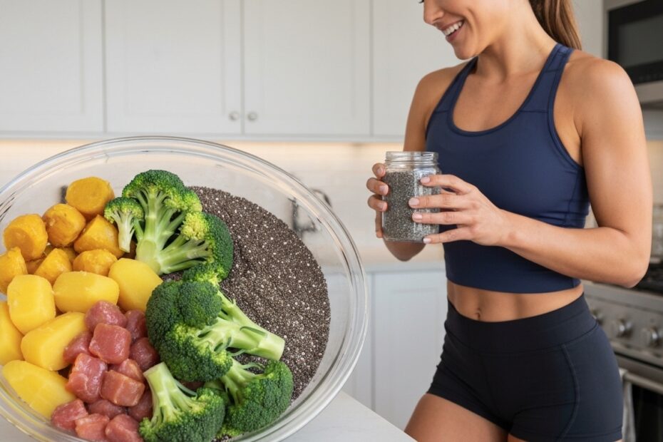 Pessoa com mais de 40 anos preparando refeição pós-treino nutritiva