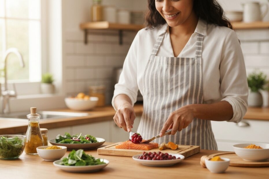Pessoa cozinhando refeição rica em alimentos anti-inflamatórios para articulações saudáveis.
