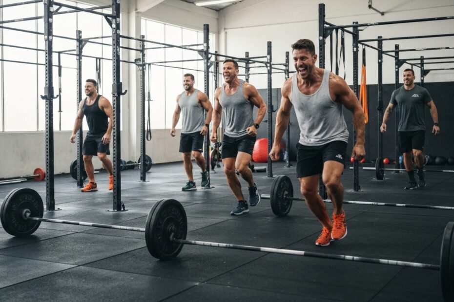 Atletas de CrossFit comemorando após um treino desafiador