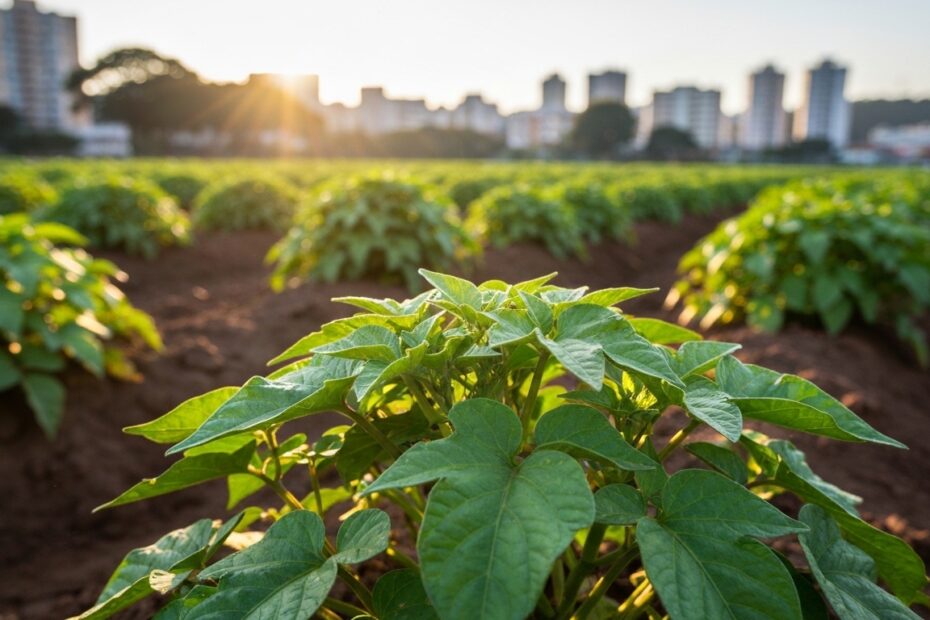 Campo de produção de batata-doce em São Paulo, representando a origem dos alimentos para nutrição esportiva.