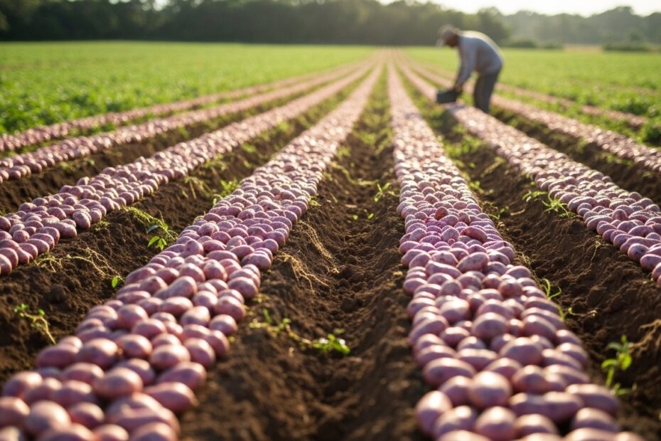 Campo de batata-doce em São Paulo, representando a produção de alimentos para o mundo fitness.