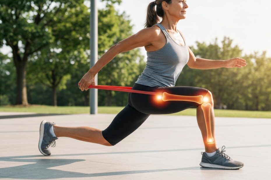 Pessoa sorrindo e ativa, acima dos 40, realizando um exercício funcional com foco em flexibilidade e força, com um brilho sutil ao redor de suas articulações, simbolizando a saúde articular no treinamento após os 40.