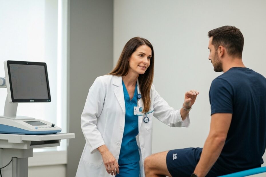 Médica especialista em medicina do esporte avalia atleta em clínica moderna