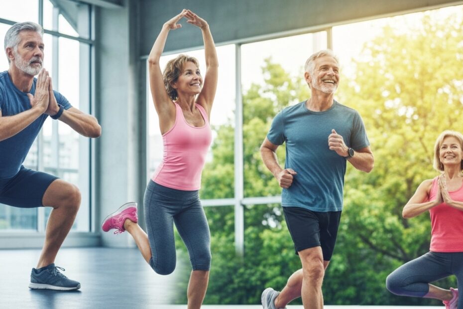 Grupo de homens e mulheres acima dos 40 anos realizando diferentes exercícios, simbolizando o treinamento eficaz após os 40 anos para saúde e vitalidade.
