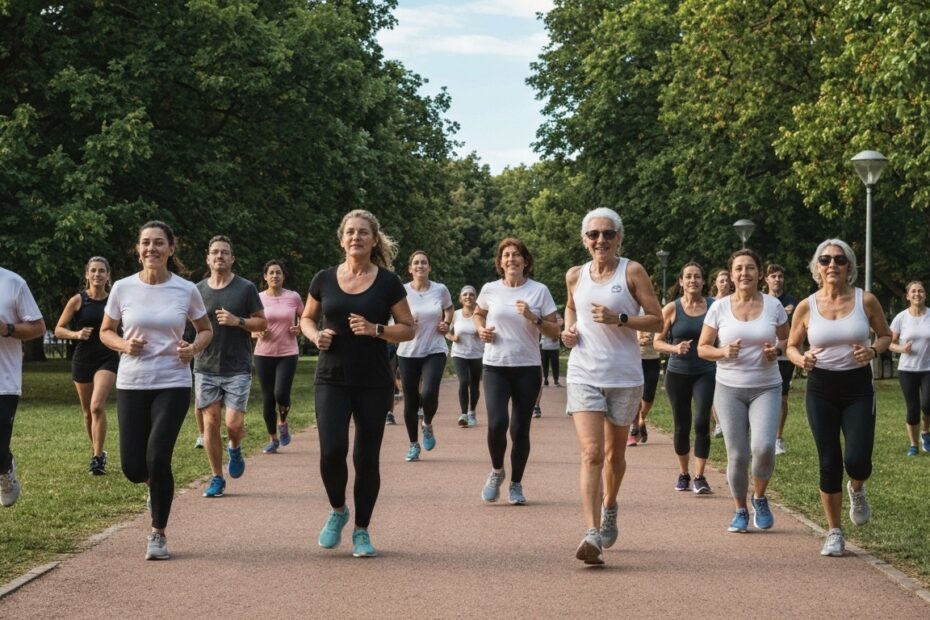 Pessoas praticando treinos ao ar livre em um parque ensolarado em 2026, desfrutando dos benefícios enquanto tomam precauções.