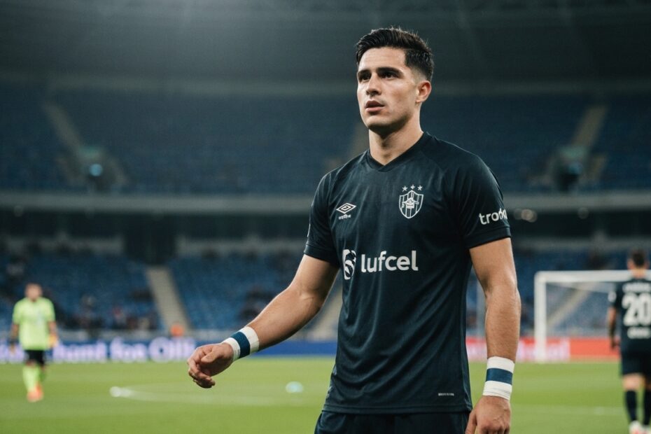 Jogador de futebol com fratura na mão direita usando imobilização em campo