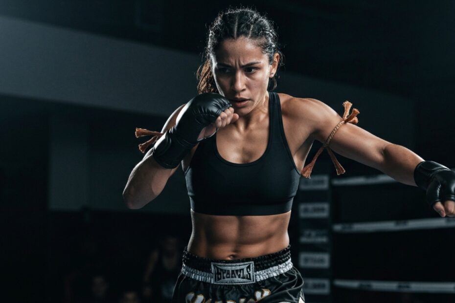 Mulher brasileira praticando Muay Thai com foco e determinação em um ringue.