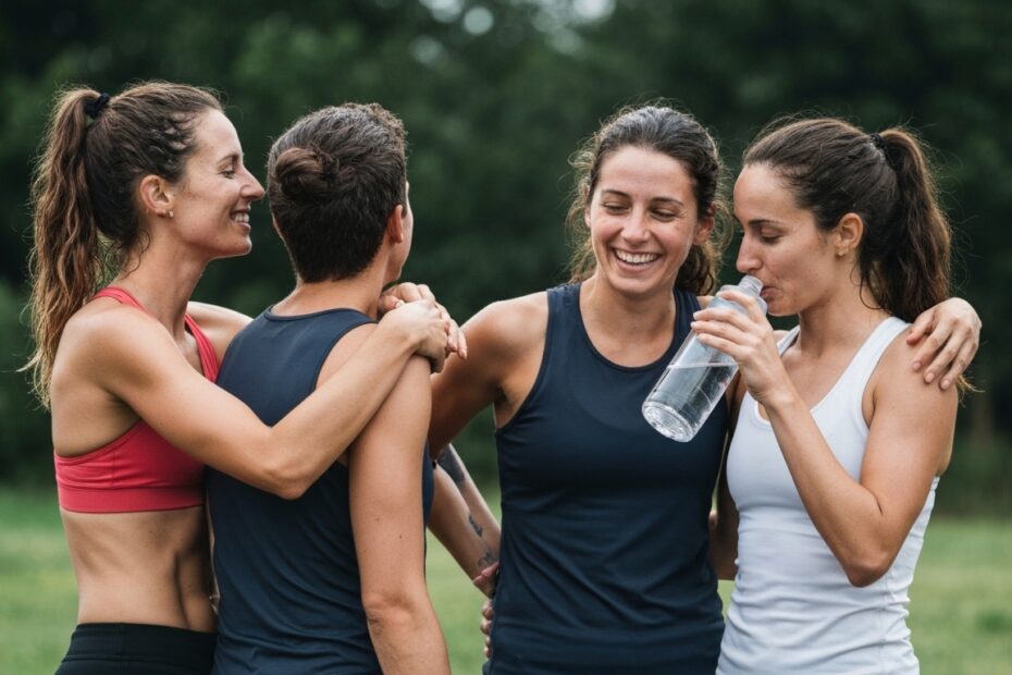 Pessoas sorrindo após um treino consistente ao ar livre