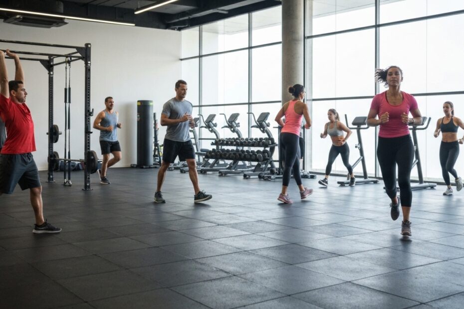 Academia brasileira moderna e movimentada com pessoas de diversas idades e etnias praticando exercícios.