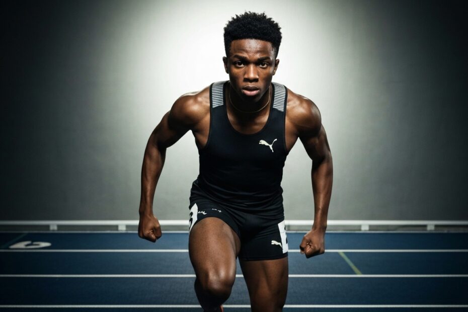 Atleta executando um levantamento de peso olímpico com força e concentração.