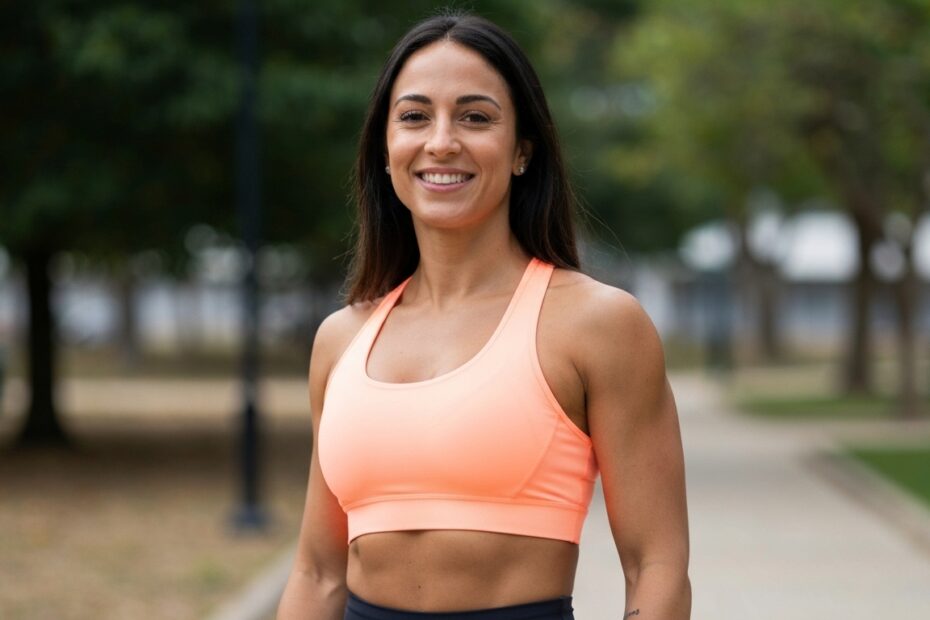 Manu Cit sorrindo em um parque, transmitindo inspiração e bem-estar através do esporte.